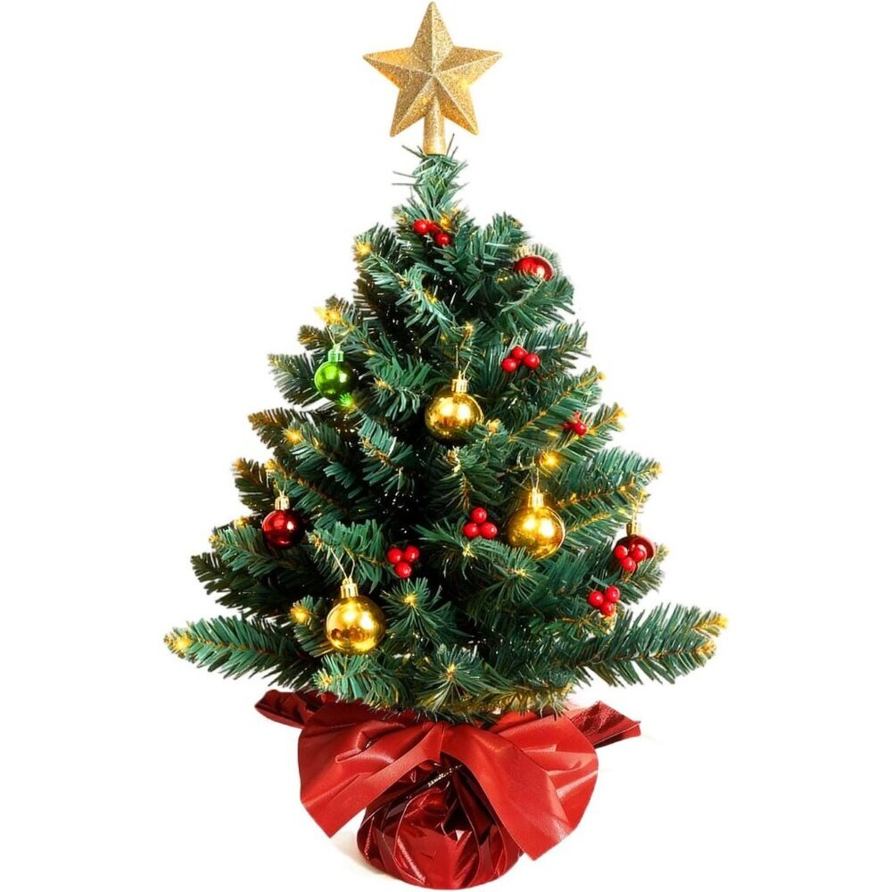 24 Inch Tabletop Christmas Tree, Artificial Mini Xmas Pine Tree with LED String